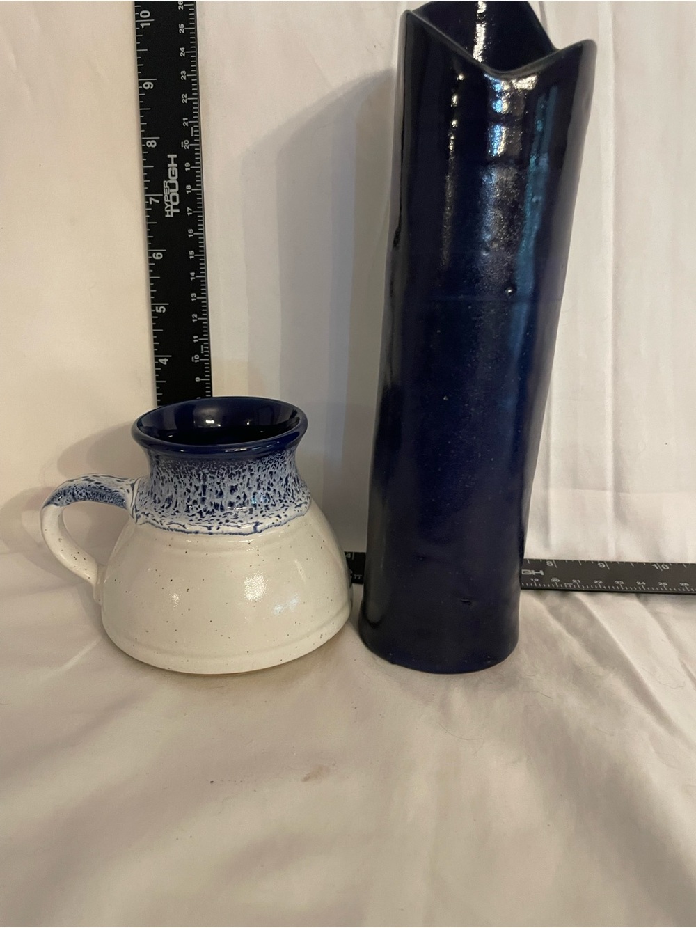 Handcrafted White and Deep Blue Pottery Vase and Mug Set - Unbranded